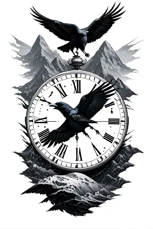 black out space background, mountains, crows, time piece - Variation 3