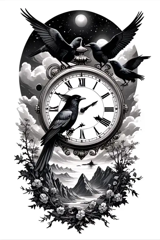 black out space background, mountains, crows, time piece - Variation 4