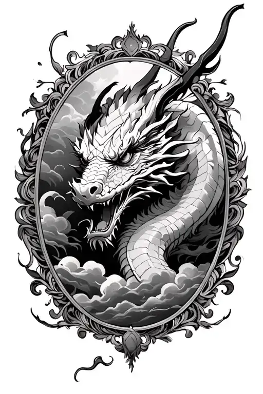 dragon head emerging from the clouds surrounded by an oval flourish frame
