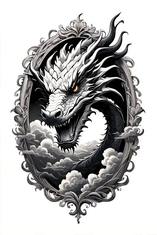 dragon head emerging from the clouds surrounded by an oval flourish frame - Variation 2