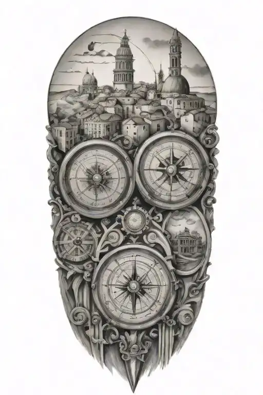 travel inspired tattoo with edges that fade softly, featuring two compasses and italian and greek inspired buildings - Variation 1