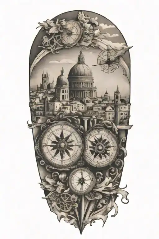 travel inspired tattoo with edges that fade softly, featuring two compasses and italian and greek inspired buildings - Variation 2