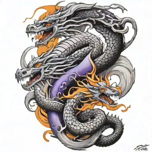 3 dragons, one purple, one orange, and one gray and black - Variation 3