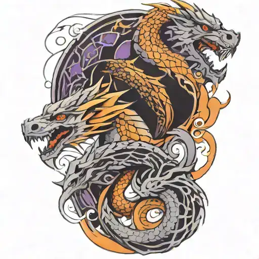 3 dragons, one purple, one orange, and one gray and black - Variation 4