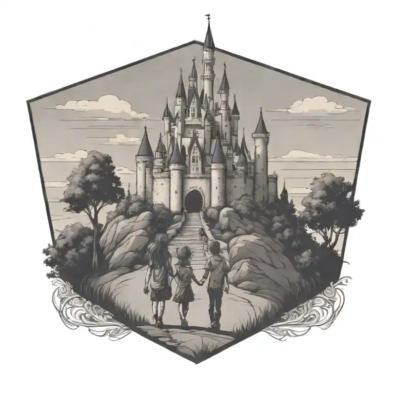 Disney castle on a hill with a boy and a girl holding hands walking towards it - Variation 3