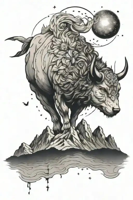 taurus zodiac sign with mountains and nights sky with wolf - Variation 2