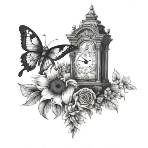 butter fly & sun flowers & grandfather clock - Variation 2
