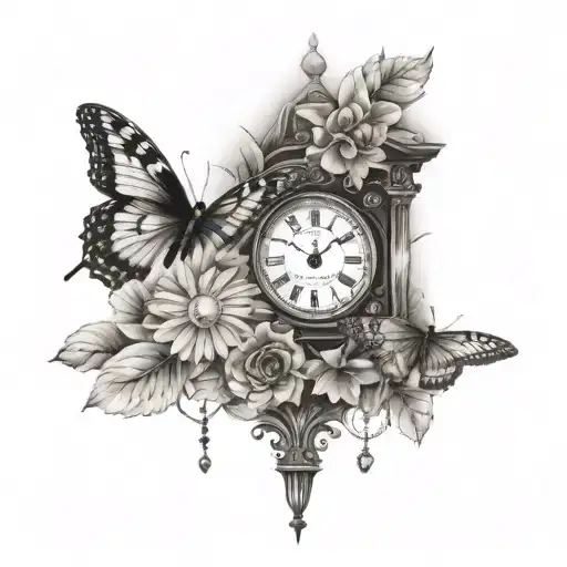butter fly & sun flowers & grandfather clock - Variation 4