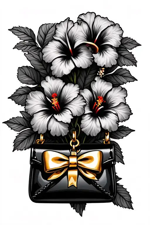 bouquet of hibiscus flowers with a black purse charm with a gold bow - Variation 4