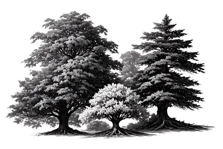 four druid trees, maple, linden and cedar with a jasmin bush