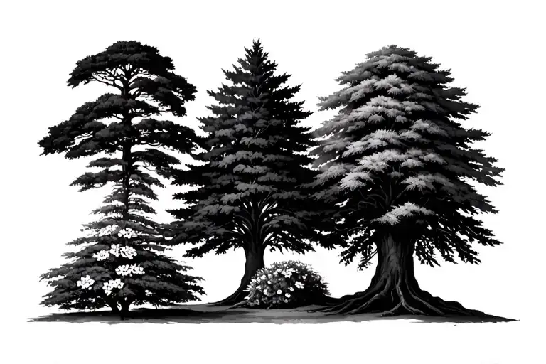 four druid trees, maple, linden and cedar with a jasmin bush - Variation 2