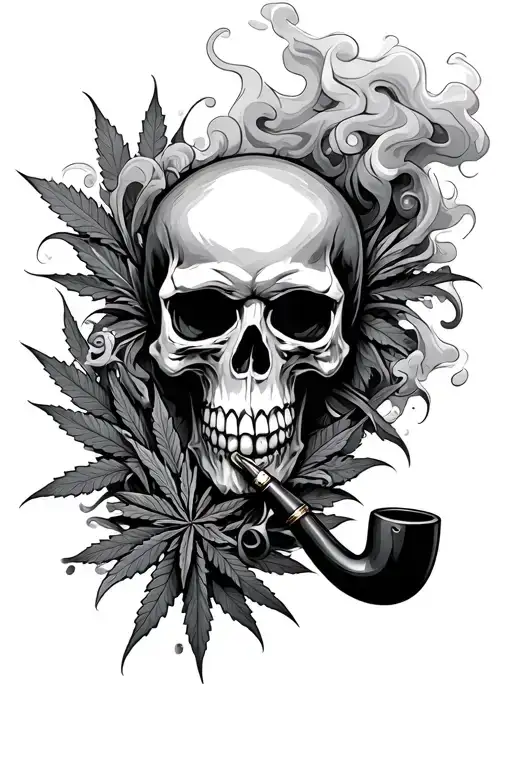 A skull smoking a ceremonial pipe, surrounded by swirling smoke and weed