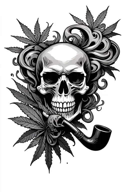 A skull smoking a ceremonial pipe, surrounded by swirling smoke and weed - Variation 2
