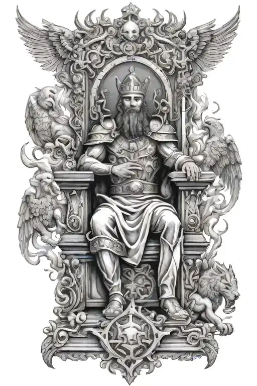 king of kings sitting on throne with armies of angels and background of fire in 3d effect