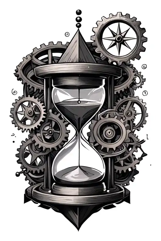 geometric design incorporating hourglass compass and cogs