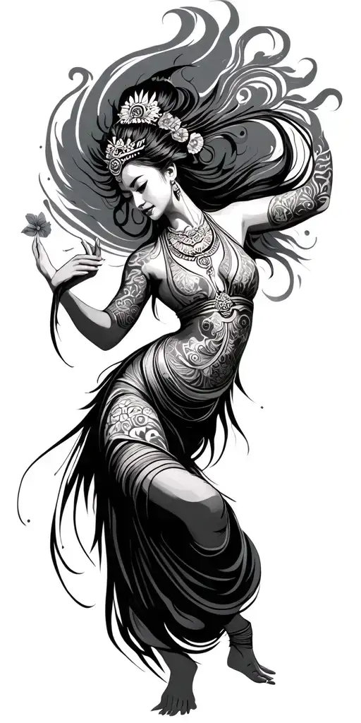 Balinese dancer surrounded by swirling