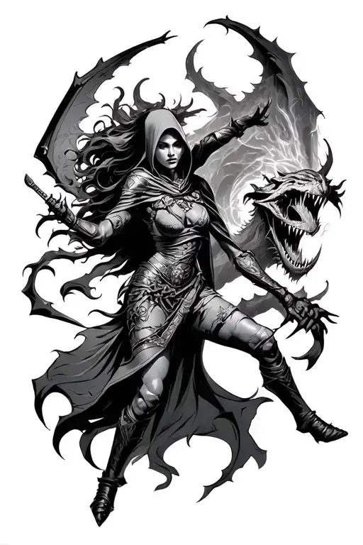 hooded female warrior defeating demon