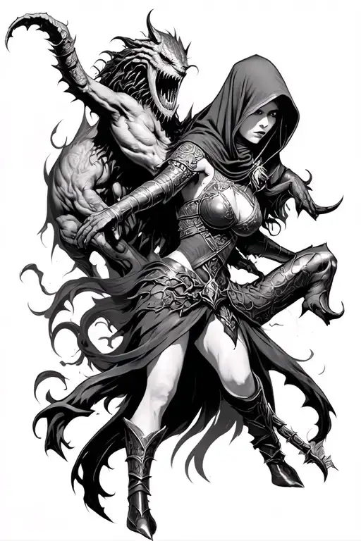 hooded female warrior defeating demon - Variation 2