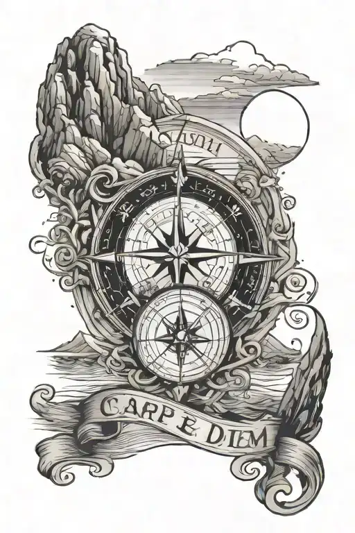 silhouette of a man, mountains, sea, compass, travel, inscription Carpe diem