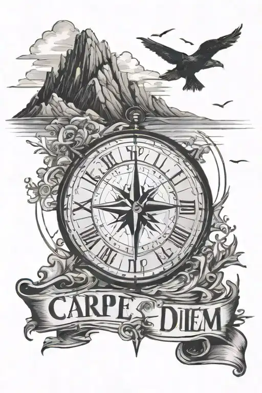 silhouette of a man, mountains, sea, compass, travel, inscription Carpe diem - Variation 2