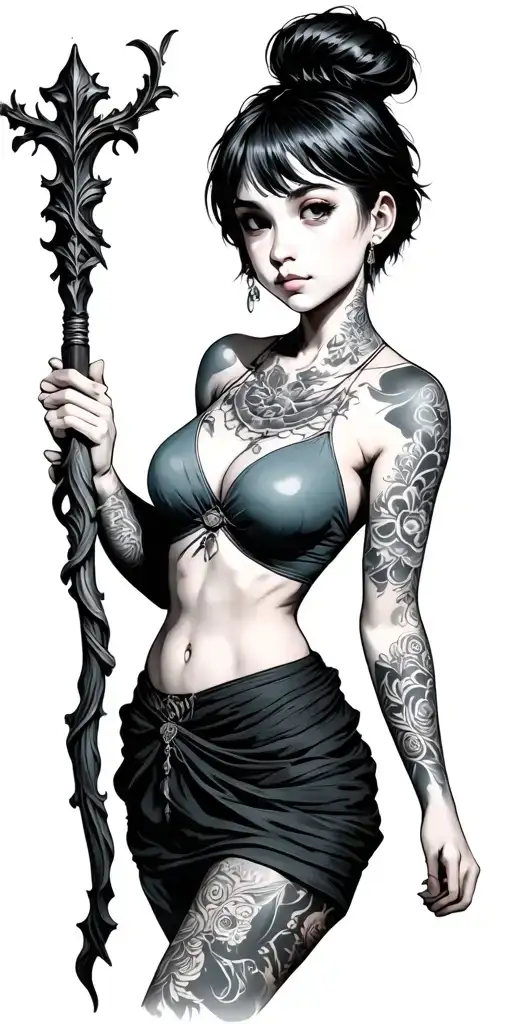 girl with short hair holding staff