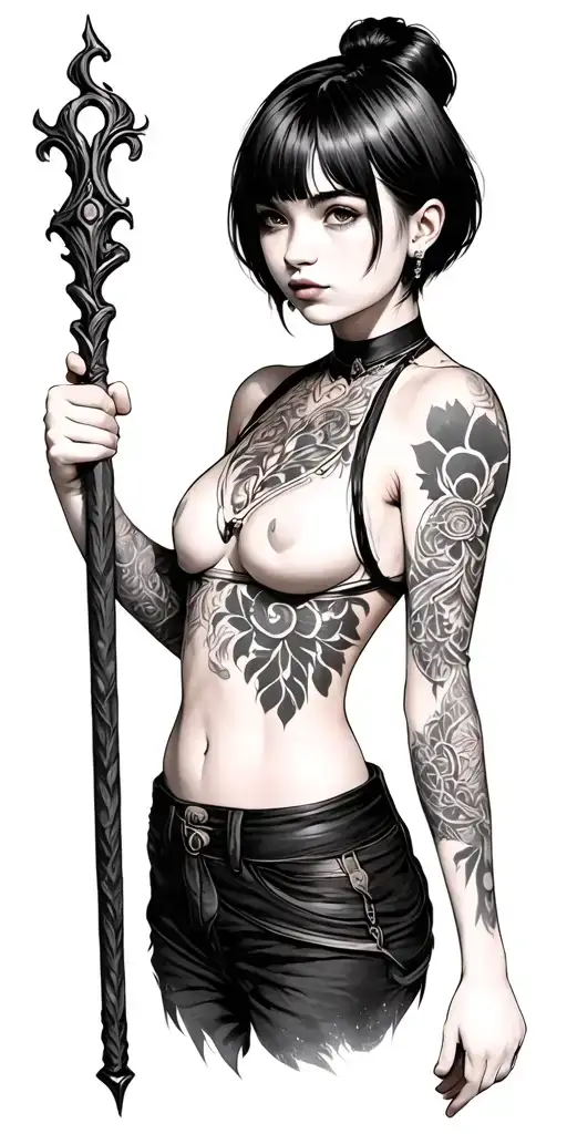 girl with short hair holding staff - Variation 2