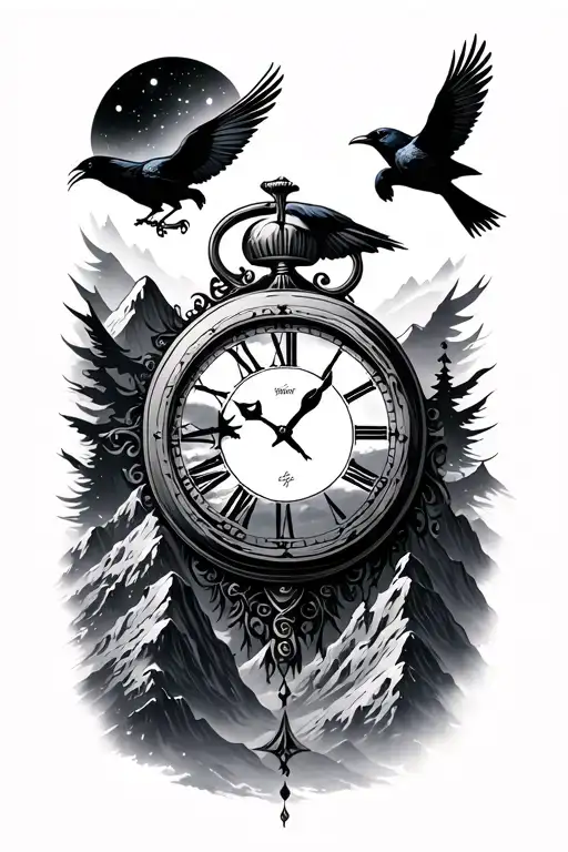 black out space background, mountains, crows, time piece