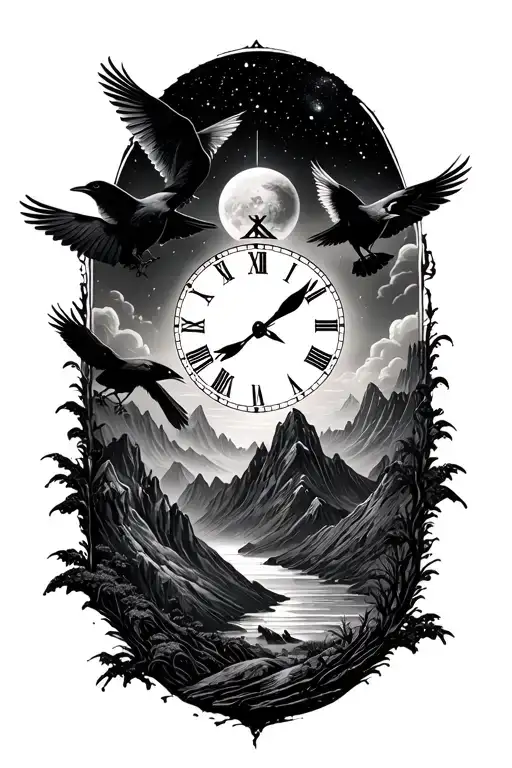 black out space background, mountains, crows, time piece - Variation 2