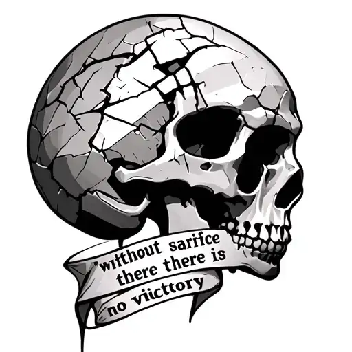 A fractured cranial on the right side with the phrase "without sacrifice there is no victory"