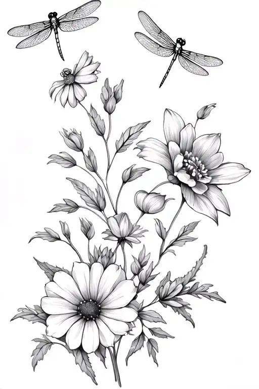 Birthflowers for months March and October with dragonfly - Variation 2