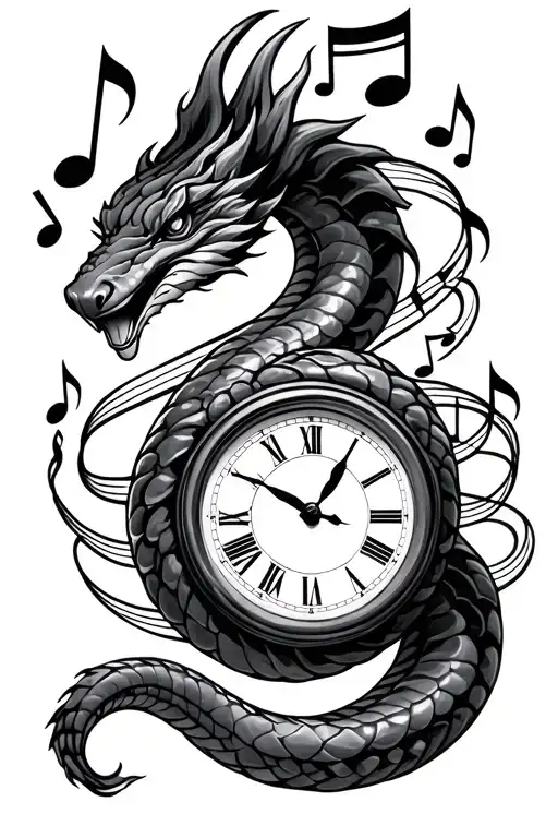 fire snake clock surrounded by music notes intertwined - Variation 2