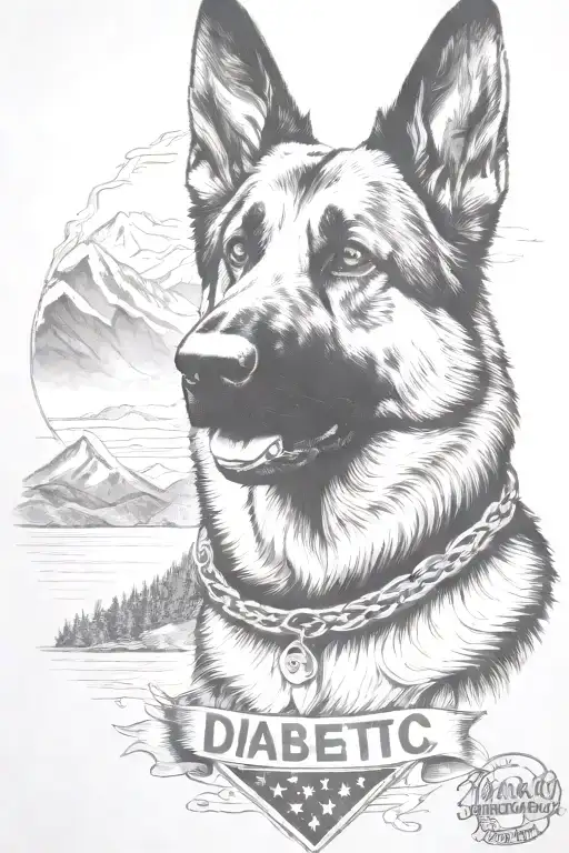 German shepherd portrait saying "diabetic" mountain scene American flag intertwined - Variation 1