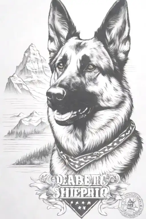 German shepherd portrait saying "diabetic" mountain scene American flag intertwined - Variation 2