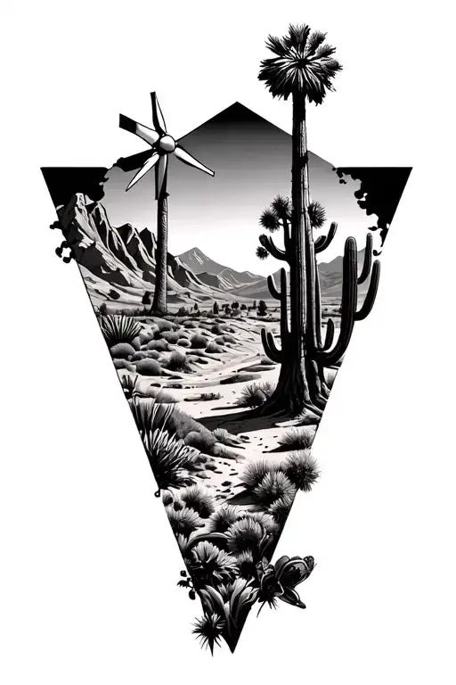 within 3 triangles put palm springs desert mountains and windmills and cactus and a sequoia tree - Variation 2