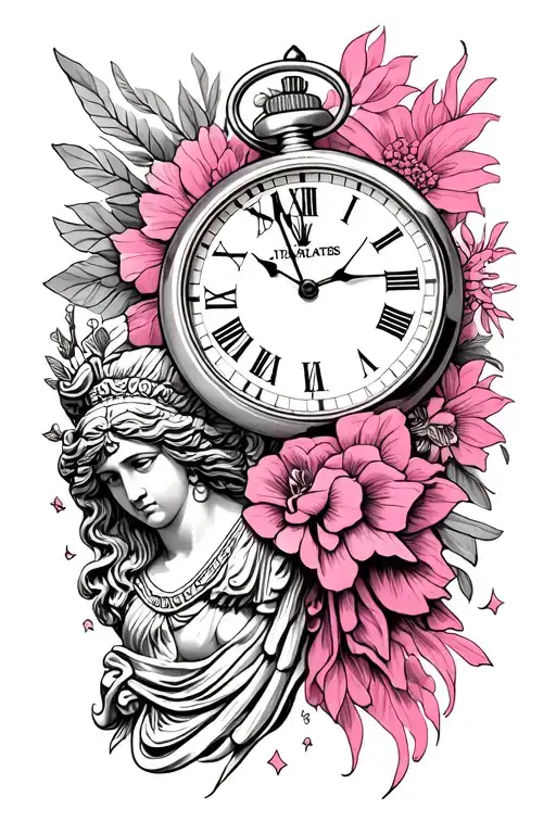 Pink tattoo with a pocket watch 10:53 a.m. on 04/12/2025 and a Greek goddess and freedom