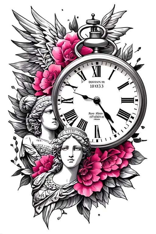 Pink tattoo with a pocket watch 10:53 a.m. on 04/12/2025 and a Greek goddess and freedom - Variation 2