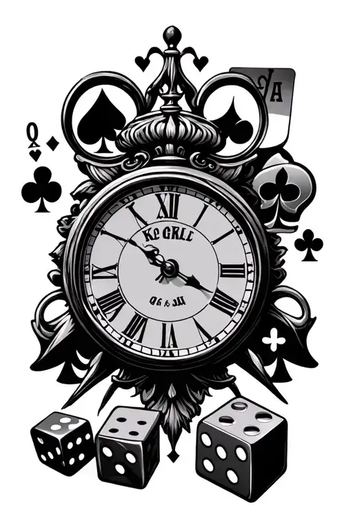 a clock A K Q & J playing cards dice symbolizing the gamble