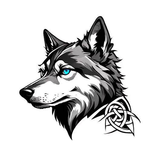 Wolf With Blue Eyes On Armor Tattoo Design Featuring Celtic Trinity Knot Tattoo - Variation 5