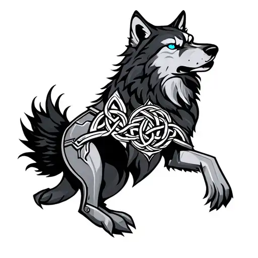 Wolf With Blue Eyes On Armor Tattoo Design Featuring Celtic Trinity Knot Tattoo - Variation 6