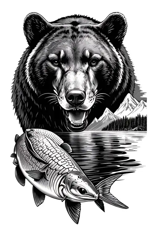 arm sleeve with salmon, sturgeon, black bear and cougar with water and mountains in the background