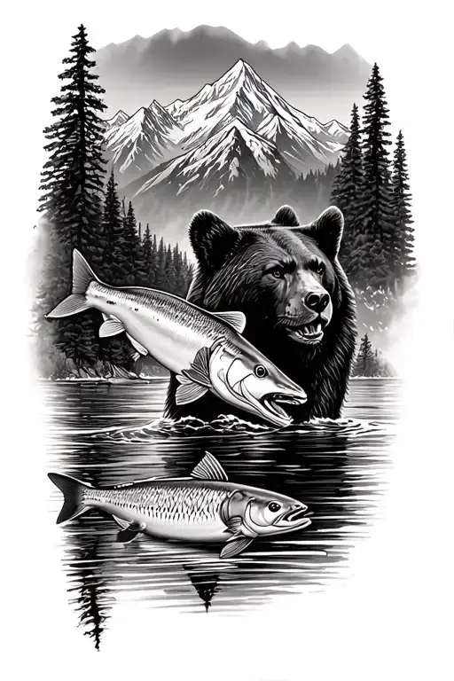arm sleeve with salmon, sturgeon, black bear and cougar with water and mountains in the background - Variation 2