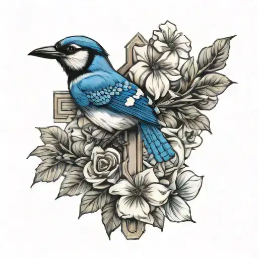 cross with flowers and bluejay - Variation 3