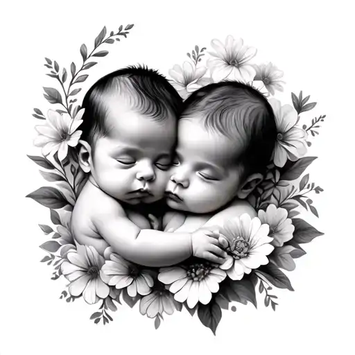 baby twins and flowers surrounding - Variation 2