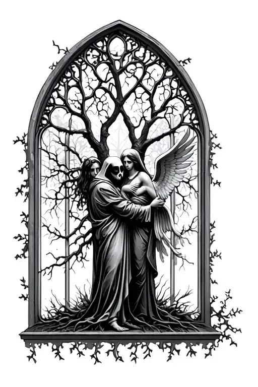 gothic cathedral window view of a family tree and vines and grim reaper embracing angel 