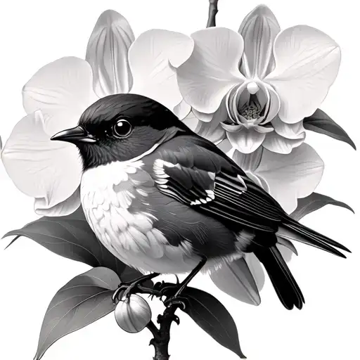 Robin with orchids blooming