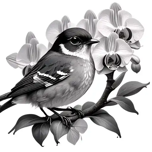 Robin with orchids blooming - Variation 2
