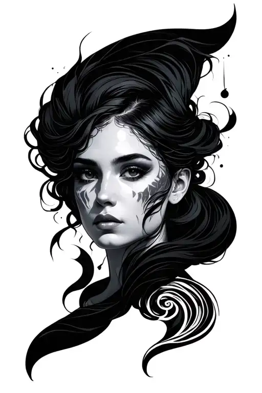 It is a mystical, dystopian frontal symmetrical portrait of a beautiful woman. Her hair, however, is unreal - Variation 4