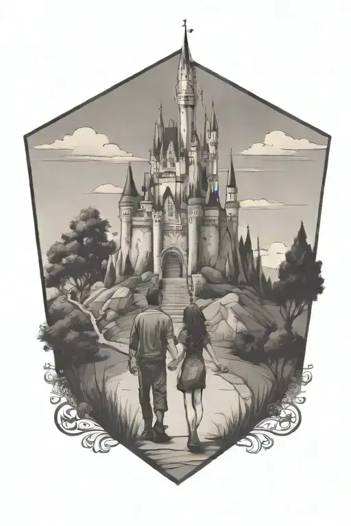 Disney castle on a hill with a boy and a girl holding hands walking towards it