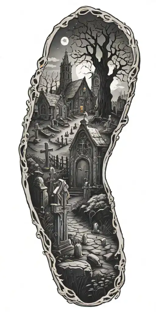 A hauntingly beautiful tattoo of a graveyard at night, with tombstones and eerie figures emerging from the shadows, incorporating elements of blood and gore