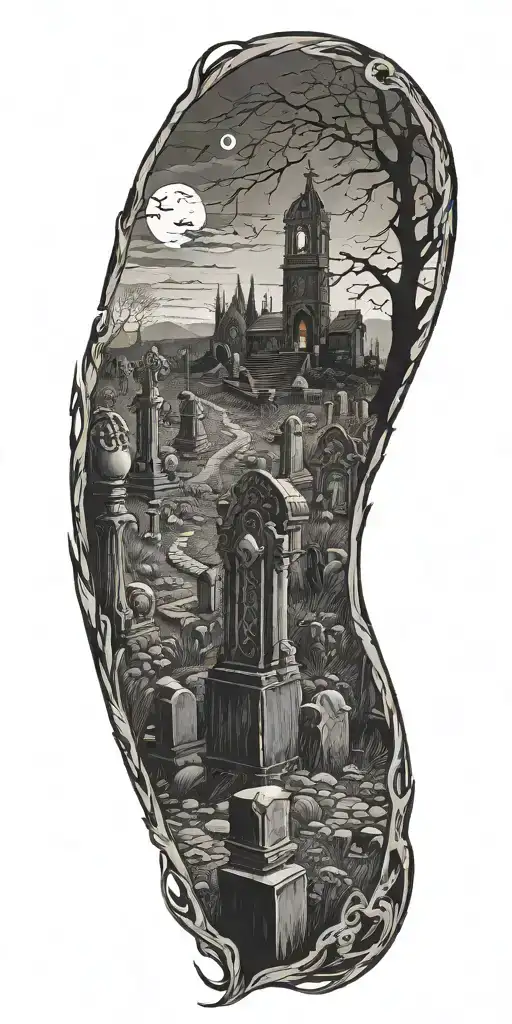 A hauntingly beautiful tattoo of a graveyard at night, with tombstones and eerie figures emerging from the shadows, incorporating elements of blood and gore - Variation 2